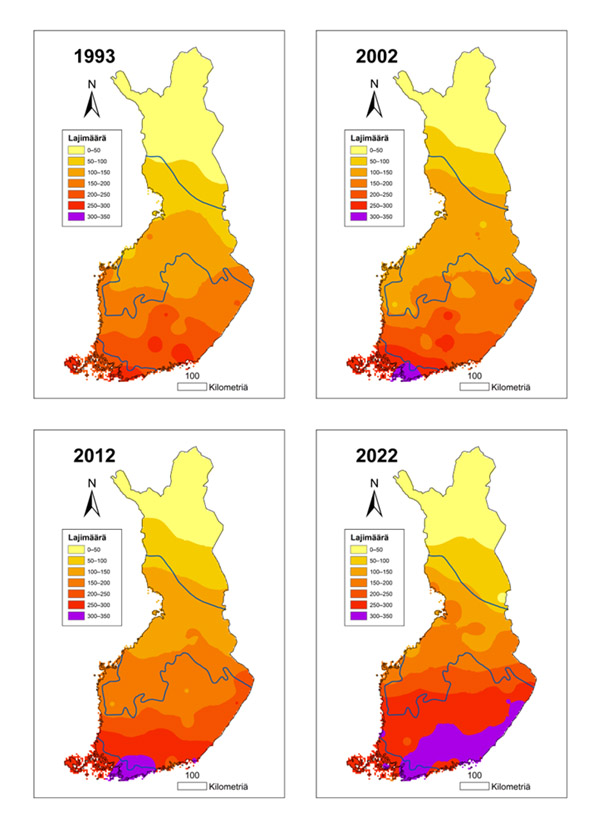 Karttoja yöperhosten lajimäärän kehityksestä Suomessa